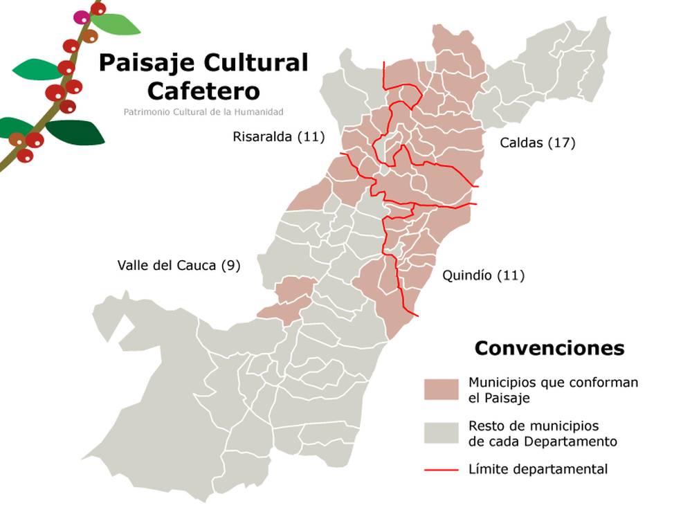 Mapa de las áreas que componen el Paisaje Cultural Cafetero de Colombia