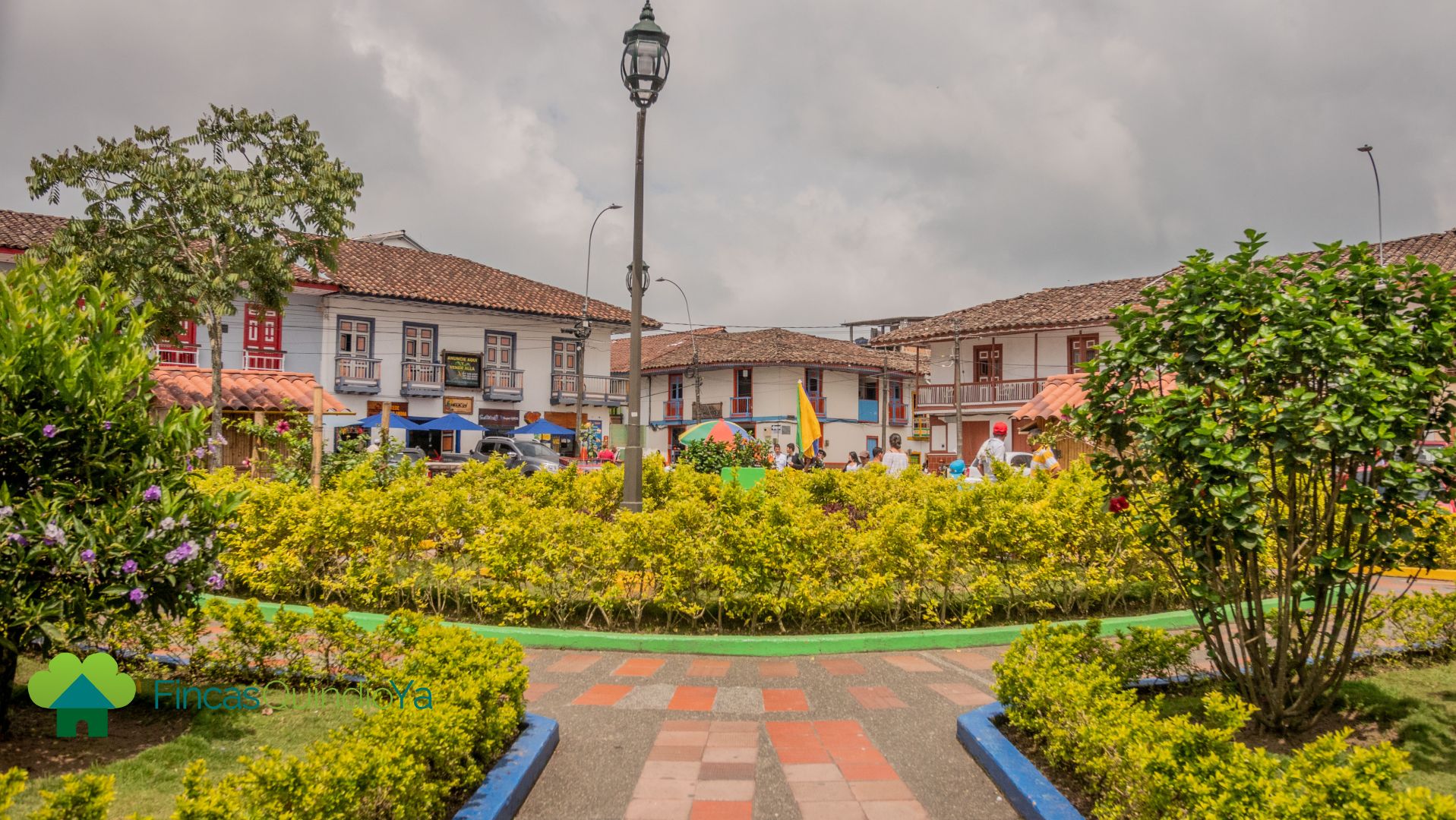 Foto mostrando arbustos decorativos en la mitad de la plaza en Filandia, Quindio