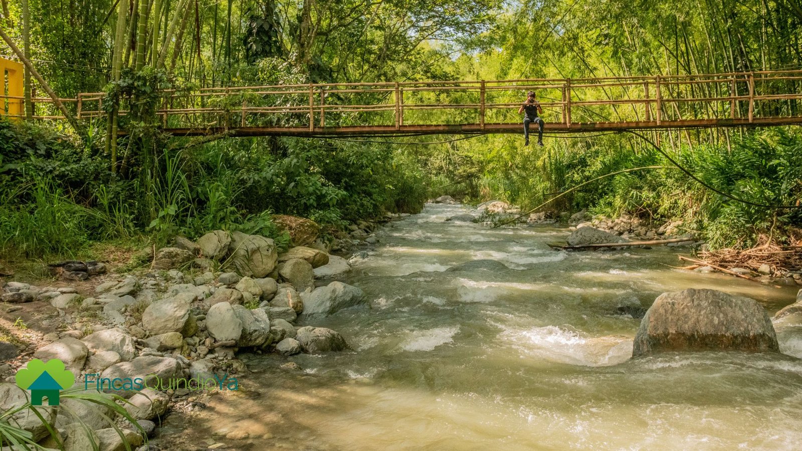 Foto de un rio y piedras, encima un punte de madera en Córdoba, Quindio